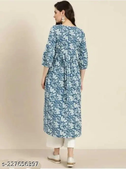 Blue Rayon Anarkali Kurta with White Palazzo, printed combo, three-quarter sleeves, V-neck style. High-demandable Indian outfit for women size S to XXL