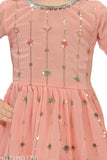 Orange chiffon anarkali sharara set with embroidered sleeves for 3-4 year old girls, Indian girls clothing