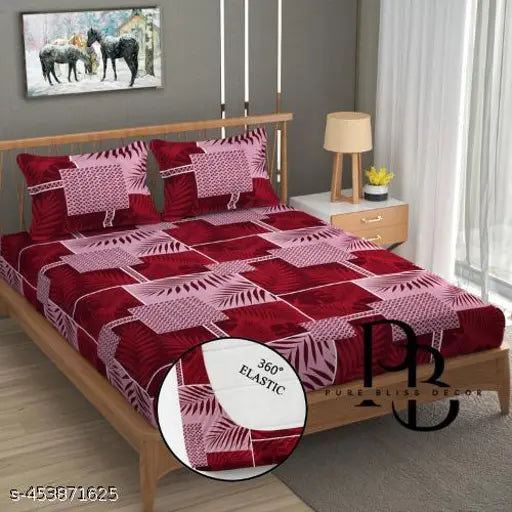 Premium cotton blend, elastic king size fitted bedsheet with 2 pillow covers, double bed, all-around elastic, supersoft, 72x78+9 inches