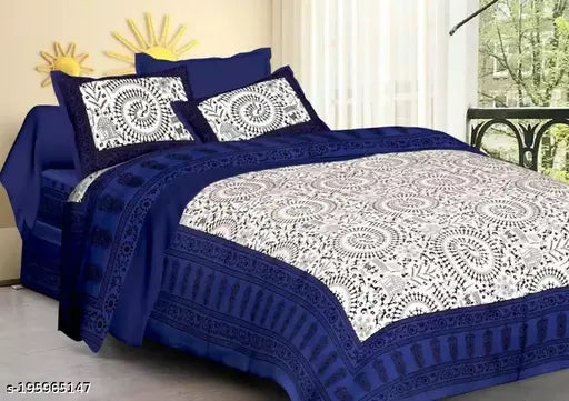 Blue tribal-print 100% cotton double flat bedsheet by Maloni Creations, ideal for summer use