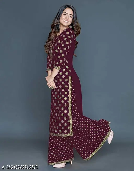 Maroon viscose rayon kurta and palazzos set by Heena Khan, printed net design, premium quality Indian fashion