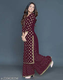 Maroon viscose rayon kurta and palazzos set by Heena Khan, printed net design, premium quality Indian fashion