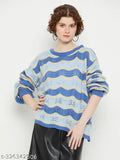 Blue wool open knit sweater, self-design/knitted pattern, full sleeves, long length, pull-on closure - Kasma women's sweater