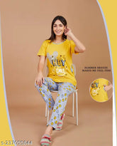 Vibrant printed cotton nightsuit with two side pockets, soft and cool for summer. Quality Indian-made long t-shirt pyjamas