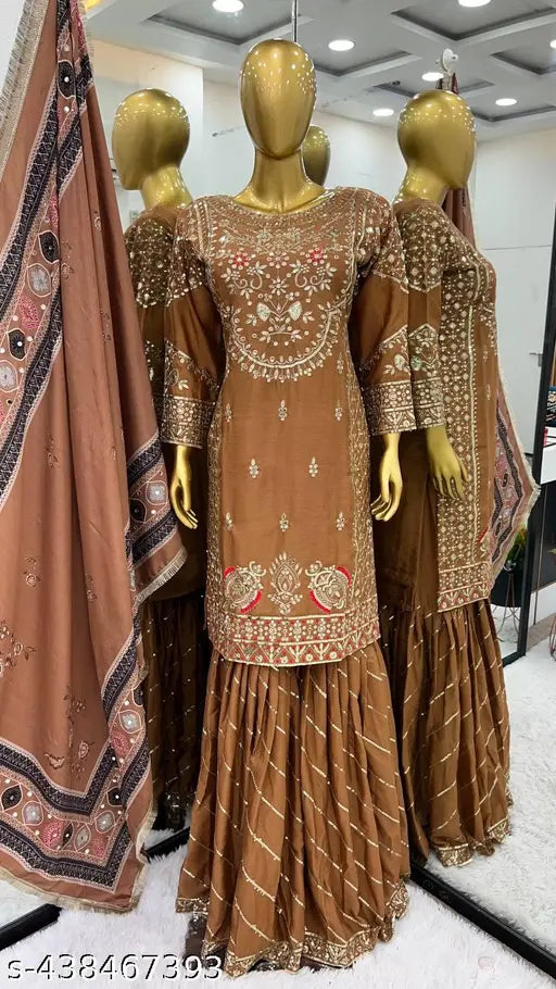 Chanderi cotton party wear: TopPlazzo with heavy embroidery and dupatta, digital print & mirror work