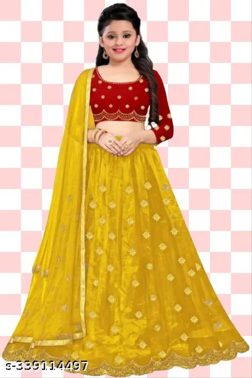Taffeta silk and net designer lehenga choli set with dupatta, embellished floral stitch for girls aged 4-15 years