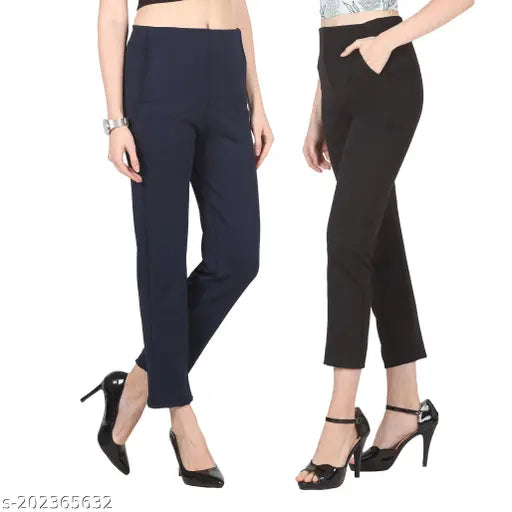 Designer poly blend solid color slim fit trousers pack of 2 - Comfortable stretchy ankle length pants with side pockets & elastic waistband, suitable for all weathers and versatile styling - Indian origin