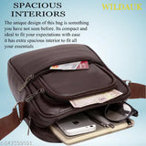 Brown PU sling bag (regular size), textured net pattern, 3 compartments. Adjustable shoulder strap, water-resistant. Ideal for professionals, crafted by Indian artisans