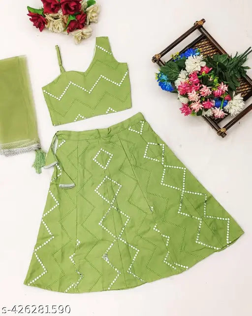 kids sleeveless cotton leghacholi with mirror work embellishments, vibrant amber color and intricate embroidery, suitable for 0-8 year olds, Indian traditional wear