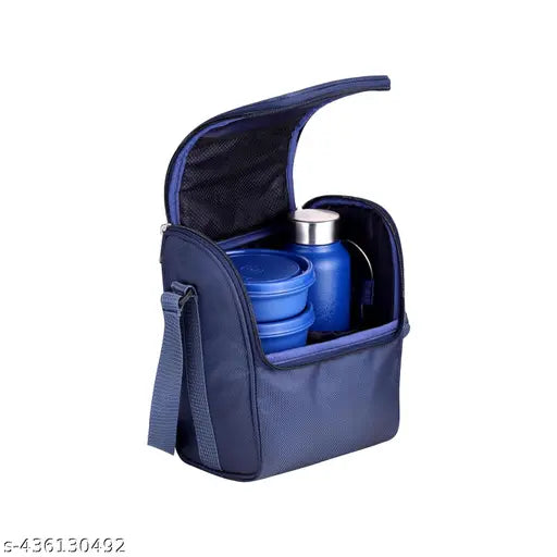 Blue stainless steel insulator AIR LOCK Meal Mate Lunch Box with microwave-safe containers (290ml, 400ml, 600ml) and plastic pickle box, plus steel water bottle (750ml). Ideal for office executives and students