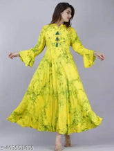 Yellow Rayon Tie Dye Nimbu Mirchi Anarkali Kurti, three-quarter sleeve Indian women's fashion on hanger