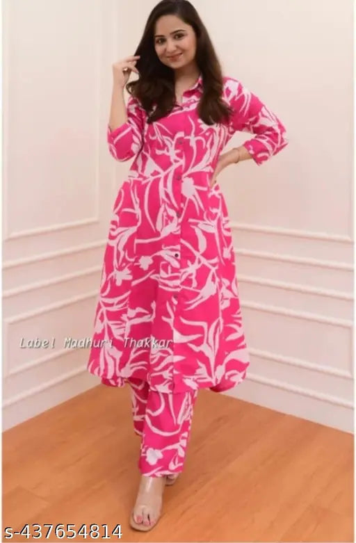 Rayon A-line kurta with palazzos, printed net, three-quarter sleeves - Indian women's fashion in sizes M, L, XL, XXL