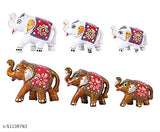 Handcrafted ceramic white-yellow elephant figurine set (3 pairs, total 6 pieces) - Indian paper mache art with mineral bead details, ideal for living room decor and gift purpose. Measures approximately 10 cm tall