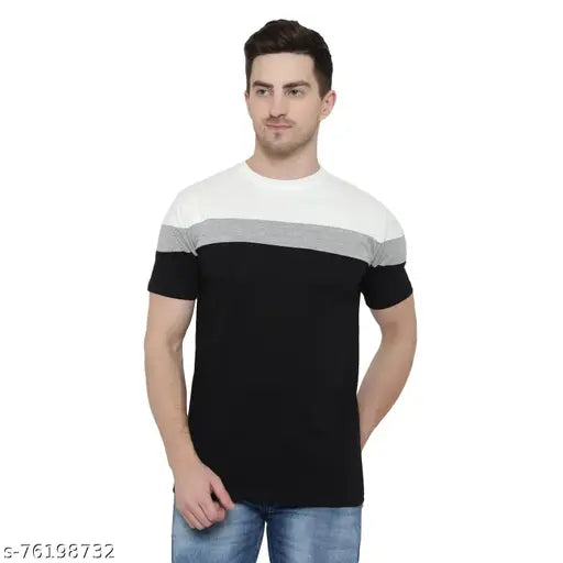 Colorblocked cotton blend t-shirt, black and grey design on short sleeves, size S to XL