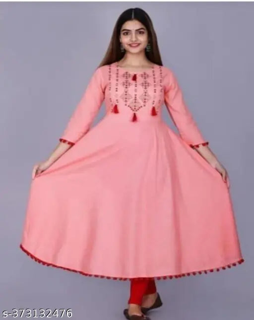 Rayon Anarkali Kurtis, trendy women's fashion with solid embroidery, perfect for festivals or family functions (S: bust 36in, length 46in)