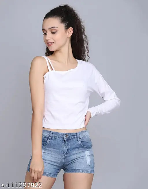 White polyester long sleeve crop top or t-shirt, ideal for layering with a one shoulder design, from Tomesect