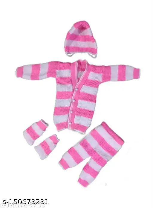 Newborn/Infant Polyester Winter Set: Solid style Cap, Booties, Sweater, Pyjama for Baby Boys & Girls