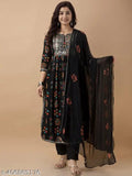Rayon Nayra cut kurti set, three-quarter sleeves, printed combo in Morvi Treandy design. Indian ethnic wear on mannequin