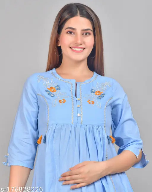 Embroidered cotton a-line kurti with three-quarter sleeves, Indian fashion for women in single sizes S-XXL on display
