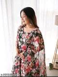 Stylish georgette printed net long-sleeve gown for women and girls, with dupatta. Sizes S-XXL