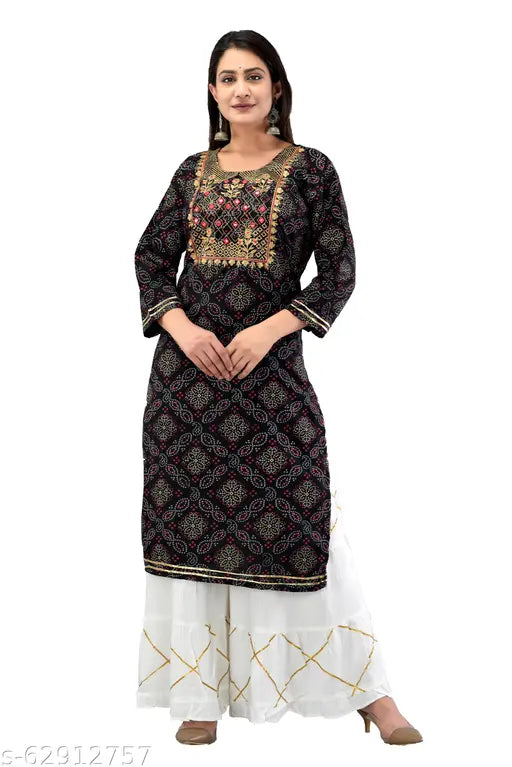 Rayon straight black kurta with white sharara palazzo, printed multipack for women's fashion in various sizes and lengths