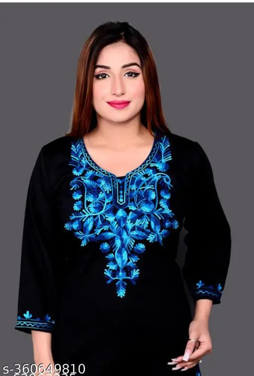Wool winter flees kurtis, embroidered three-quarter sleeve top with intricate patterns, classic Indian fashion