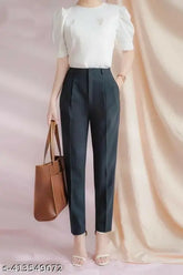 Black cotton-lycra flared bootcut Saram formal pants for women, versatile for casual outings and office wear