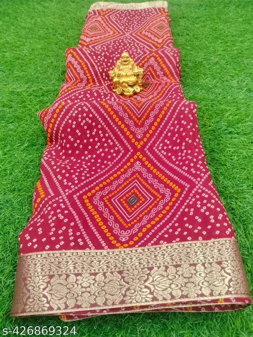 Yellow Bandhani saree with red accents on poly georgette, traditional Mataji pattern for women's wear, single size under 400 INR