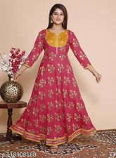 Rayon cotton full frill Anarkali Kurti in white, three-quarter sleeves, printed design for women's ethnic wear