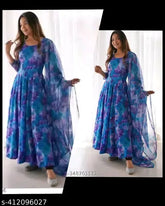 Stylish printed net Georgette gown for women, long sleeves, size M (38in bust, 50in length)
