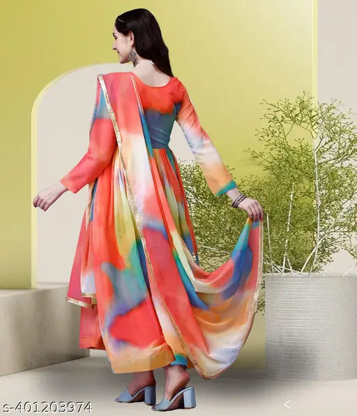 Long-sleeved printed Georgette Anarkali gown for women, vibrant digital print, Indian designer fashion