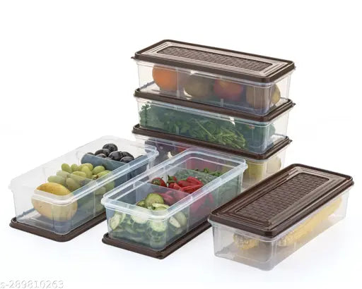 Brown plastic fridge organizer set, store vegetables, fruits, fish, and eggs with airtight lids - pack of 8