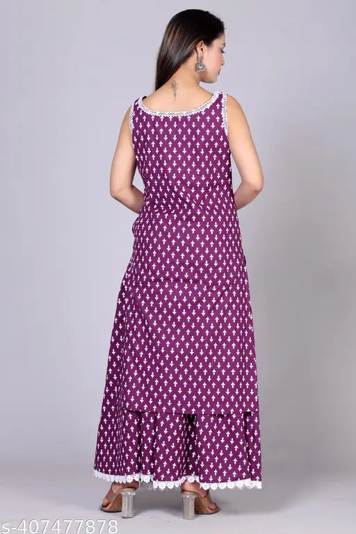 Women's cotton silk kurti skirt set, sleeveless, printed net, Indian-made, single size available