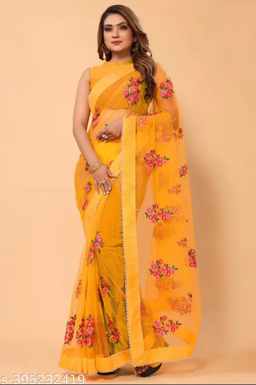 Beautiful Zari Resham net saree with moti lace border, unstitched silk blouse for party wear