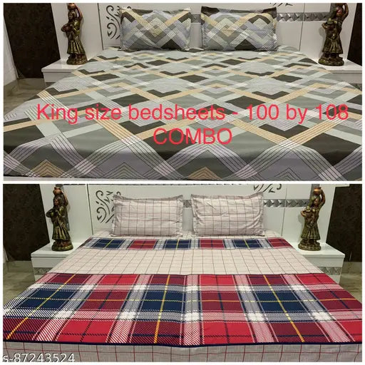 Cotton king size checkered bedsheet set combo, superfine quality for adult summer use, includes 2 bedsheets (100x108in) & 4 pillowcases (18x28in). Made in India