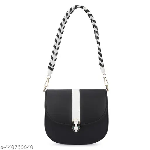 Black faux leather sling bag, modern, classy, crossbody design - India-made