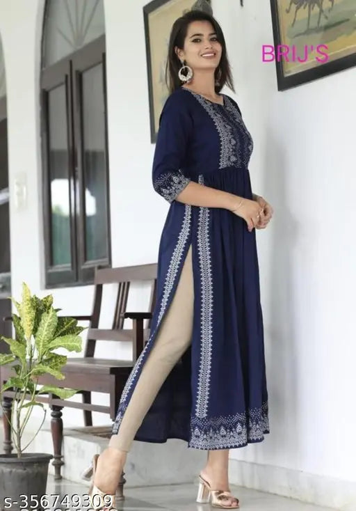 Rayon women's printed naira cut kurti, three-quarter sleeves, vibrant Indian fashion for XS to XXL sizes