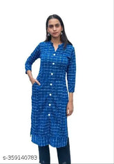 Blue woolen kurti for women, three-quarter sleeves, checked pattern, round collar, single side pocket - Indian winter fashion