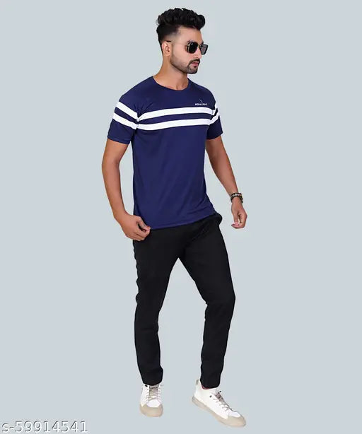 Colorblocked poly blend men's short sleeved sports t-shirt, striped design in various sizes (S-XL), originated from India