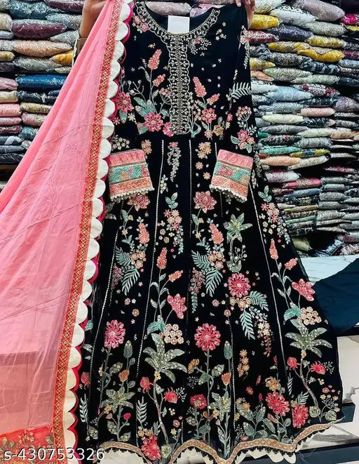 New Designer Georgette Embroidered Pakistani Work Gown Set for M, XL, Free Size, India