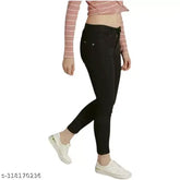 Black polyester women's stretchable skinny mid-rise jeans, comfortable single button style for casual wear