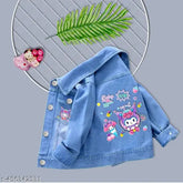 Denim blue printed jacket for kids, 24Girls cutebaby design, long sleeves, size 3-4, 4-5, 5-6, or 6-7 years