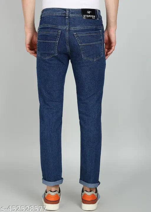 Dark blue cotton blend jeans for men, flat finish - skinny fit and cropped length, unique jacquard texture. Perfect for fashion-forward individuals. Size: 28 (28waist/40length/35hip), 30 (30waist/40length/37hip), 32 (32waist/40length/39hip). Made in India