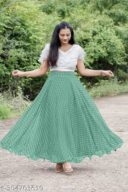 White Lycra top with Georgette skirt for women's partywear, printed net design, various sizes available from India