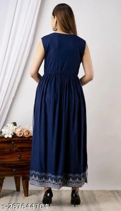 Rayon printed blue straight Nayra cut kurti for women/girls - Solid design, sleeveless, available in M, L, XL, XXL (38in-44in bust sizes)