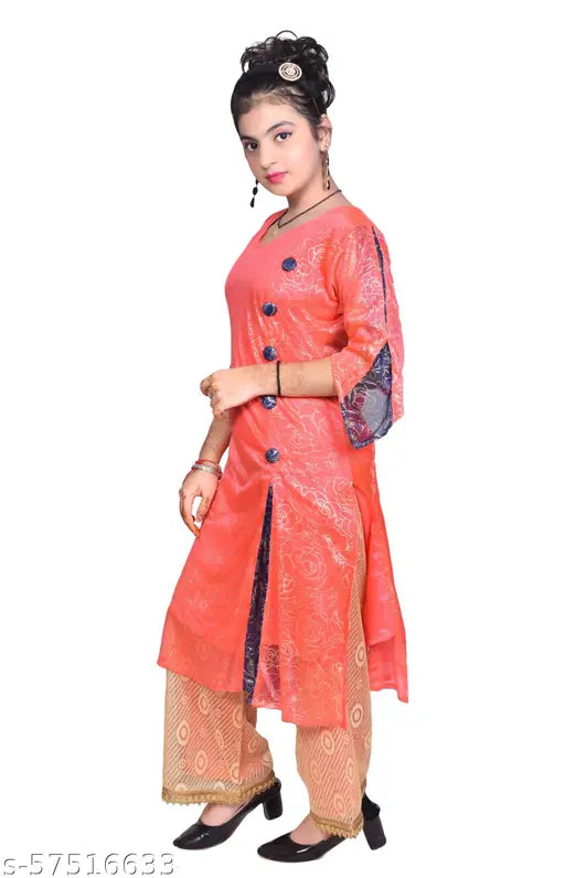 Gajri pink printed kurta palazzo set for girls, trendy ethnic wear made of fine net fabric