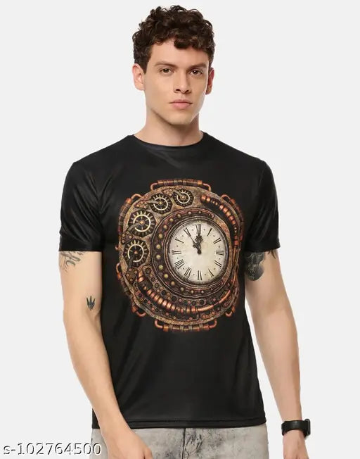 Black polyester short sleeve men's t-shirt with printed clock design, size S (37in chest, 25.5in length). Classic Time printed mens tee on hanger, India origin