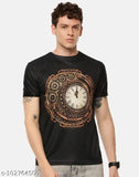 Black polyester short sleeve men's t-shirt with printed clock design, size S (37in chest, 25.5in length). Classic Time printed mens tee on hanger, India origin