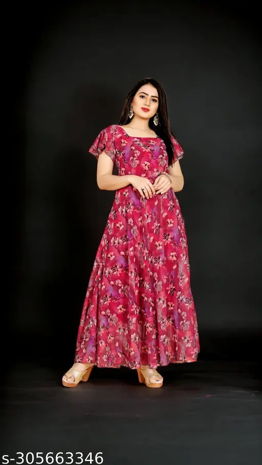 Georgette fancy kurti for women, short sleeves, floral print, big sizes available