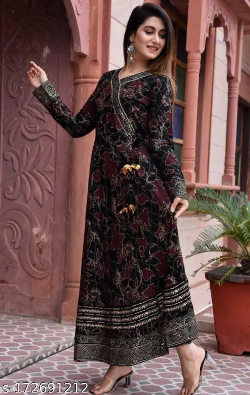 Rayon anarkali long kurti black, printed combo for women's party wear, three-quarter sleeves on display